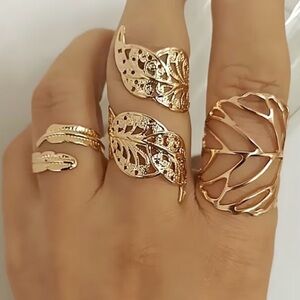 18k Gold Plated Bohemian Gold Leaf Rings 3 Piece Set